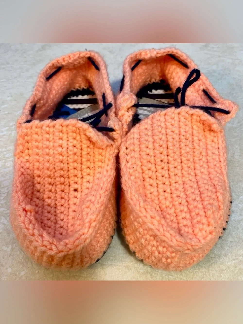 Cozy Peach Crochet Kids Moccasins with Navy Accent